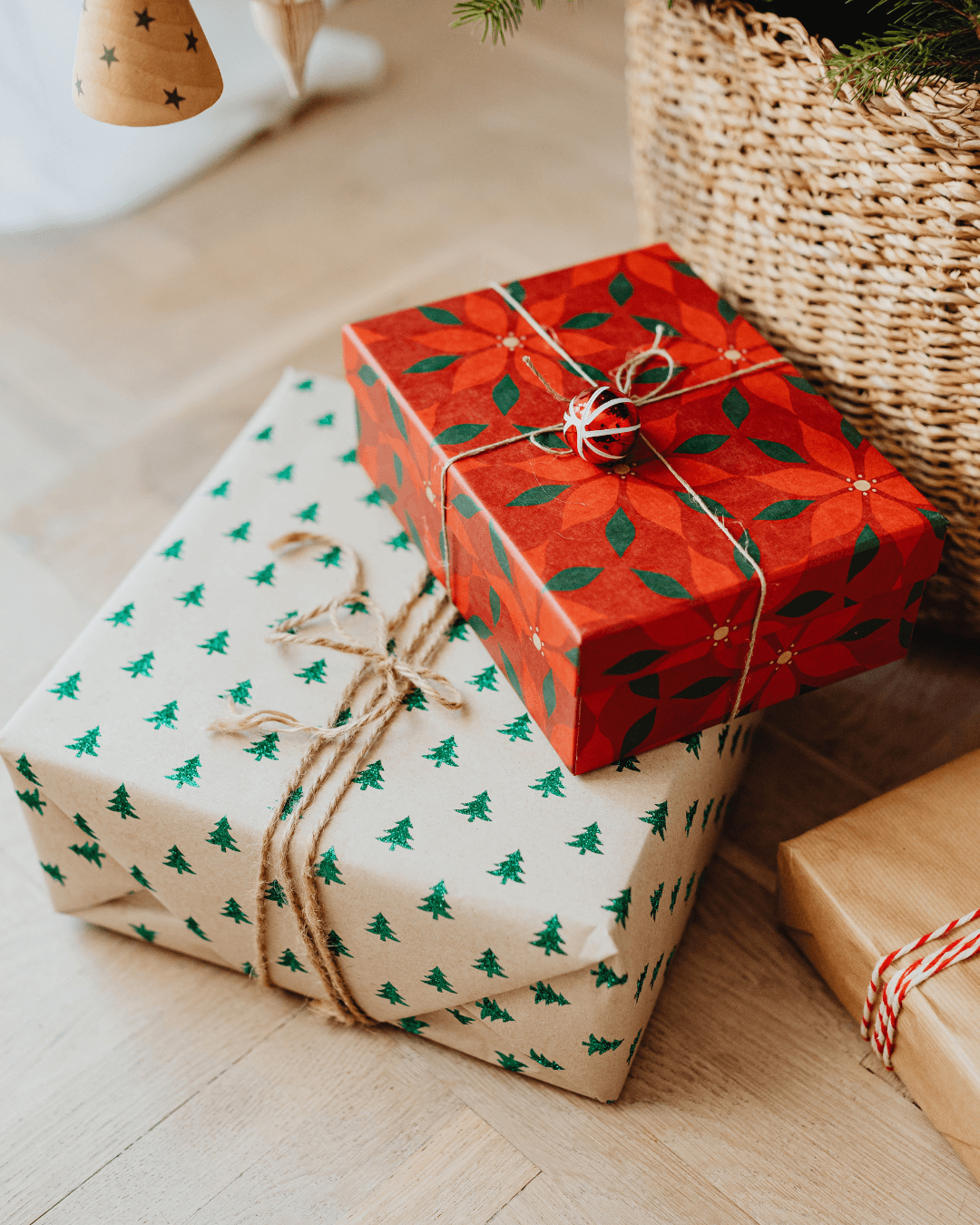 Christmas presents stacked on the floor
