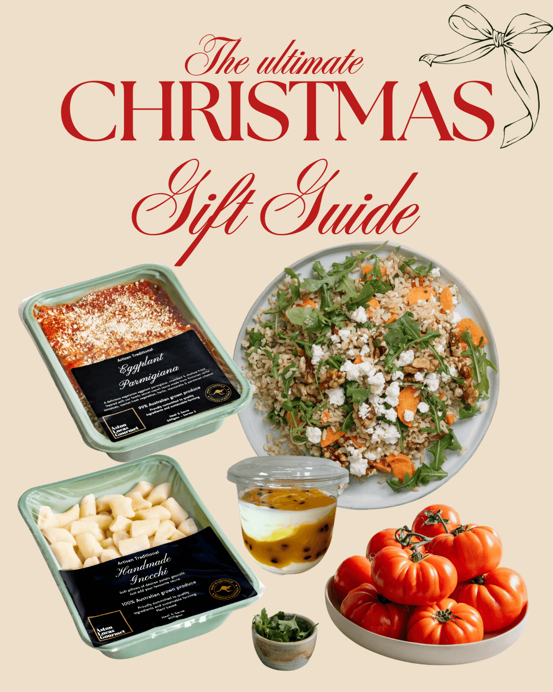 Copy that reads "The Ultimate Christmas Gift Guide". Accompanying images include a bowl of salad, a bowl of whole tomatoes, a packaged passionfruit yoghurt, a packaged ready-made eggplant parmigiana and a packaged ready-made plain gnocchi.